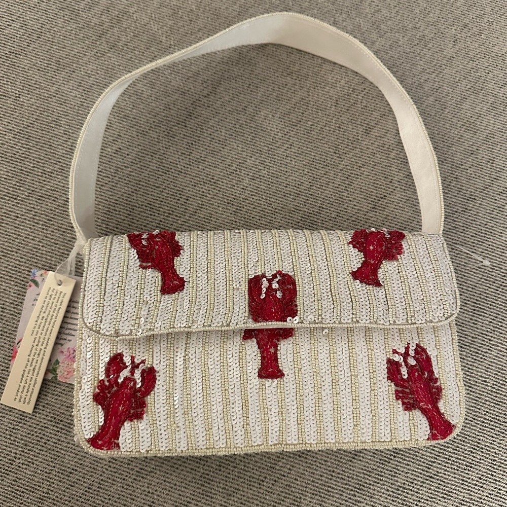 White and Red Embroidered Shoulder Bag with Nautical Theme - Lobster Purse